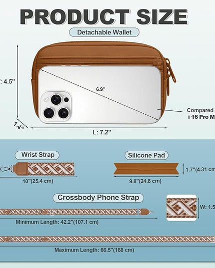 Clip and Go Strap for Phone with Wallet Crossbody, Adjustable Phone Lanyard with Detachable RFID Wristlet Wallet, Pattern Strap - Bronze(L)