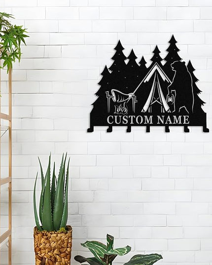 Nygu6Bja Personalised Metal Key Rack Hooks,Camp Theme Key Holder with Name,Custom Key Holder for Wall,Home Sweet Home Decor,Housewarming Gift Camp 1