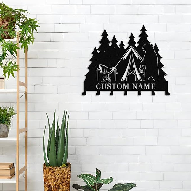 Nygu6Bja Personalised Metal Key Rack Hooks,Camp Theme Key Holder with Name,Custom Key Holder for Wall,Home Sweet Home Decor,Housewarming Gift Camp 1