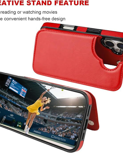 ONETOP Compatible with iPhone 17 Wallet Case with Card Holder, PU Leather Kickstand Card Slots Case, Double Magnetic Clasp and Durable Shockproof Cover 6.3 Inch (Red)