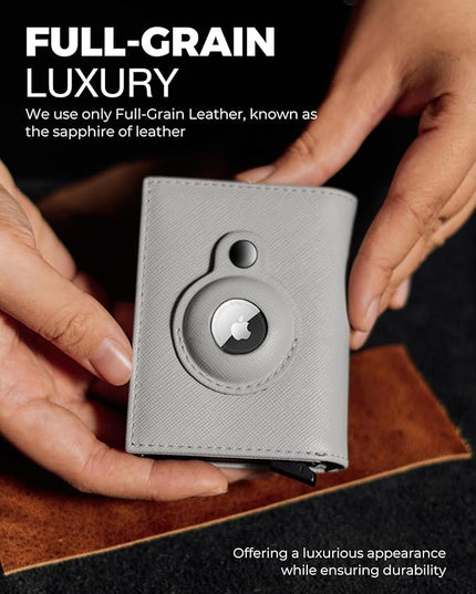 Jenoss Smart AirTag Wallet for Men & Women: Full Grain Leather, Handcrafted, Pop Up Case, Slim, RFID Blocking, Credit Card Holder, Apple Air Tag Tracker Minimalist 9-12 Slot | ID & Cash (Black& Grey)