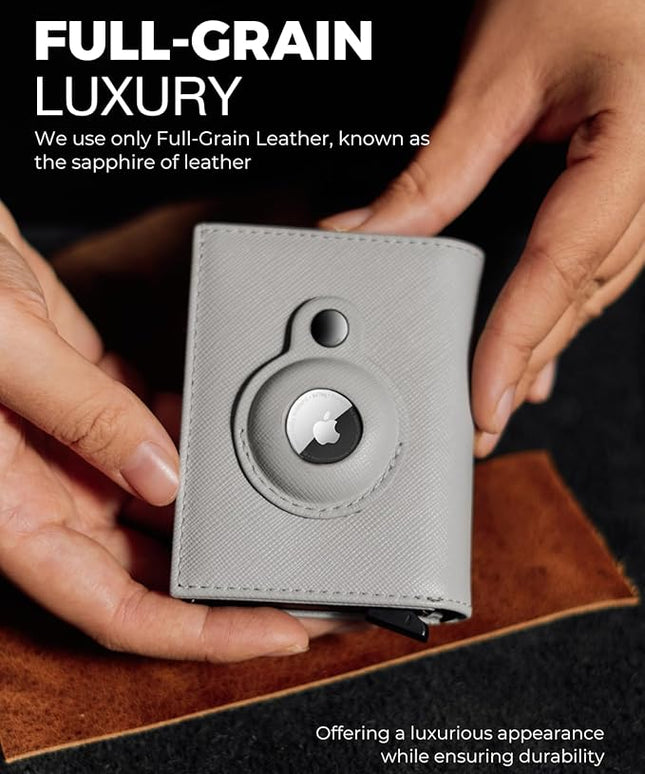 Jenoss Smart AirTag Wallet for Men & Women: Full Grain Leather, Handcrafted, Pop Up Case, Slim, RFID Blocking, Credit Card Holder, Apple Air Tag Tracker Minimalist 9-12 Slot | ID & Cash (Black& Grey)