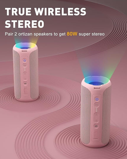 Ortizan Bluetooth Speakers, Portable Wireless Stereo Speaker - IPX7 Waterproof, 30W RMS(40W Peak) Loud Sound, Deep Bass, LED Light, Bluetooth 5.3, for Home/Shower/Outdoor/Beach, Gifts for Adult, Pink