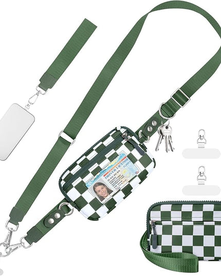 Clip and Go Strap for Phone with Wallet Crossbody Phone Lanyard and Detachable Checkered Bag with ID Window and RFID Pouch for Daily Travel.