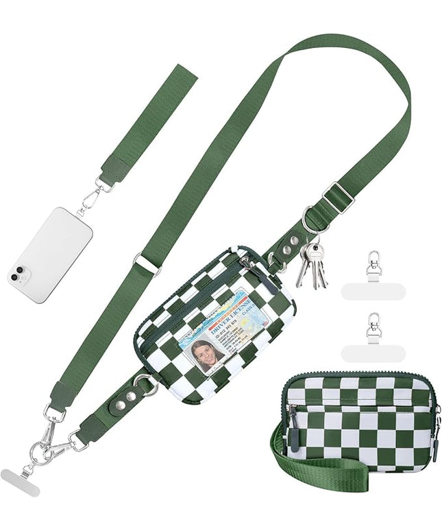 Clip and Go Strap for Phone with Wallet Crossbody Phone Lanyard and Detachable Checkered Bag with ID Window and RFID Pouch for Daily Travel.
