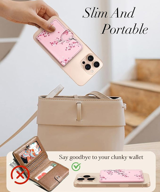 Shorogyt for Magnetic Phone Wallet Compatible with Magsafe Card Holder -Cute Luxury Slim Leather Mag Wallets for Women Fit 4 Cards,for iPhone 17/16/15/14/13/12 Series for Apple RFID Magnet, Blossom