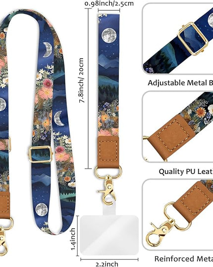 Phone Lanyard Crossbody Wrist Strap, Moon Mountain Flower Night Cell Phone Lanyards for Around the Neck Wristlet Shoulder, Adjustable Strap for Car Key Keychain Wallet Case ID Badge