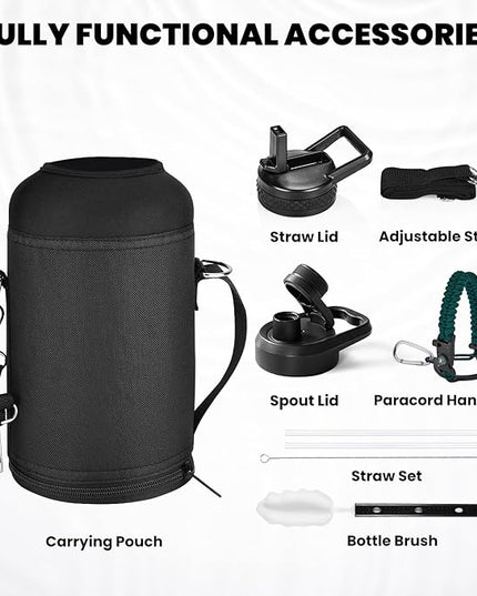 Insulated Water Bottle 64 oz, Triple Wall Vacuum Stainless Steel (Cold for 48 Hrs), Leak Proof & Non-BPA, Half Gallon Water Flask Jug with Paracord Handle & Straw Spout Lids, Dark Green