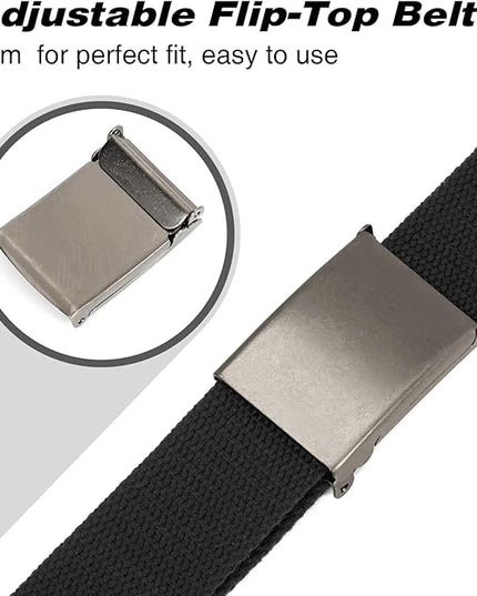 WHIPPY Canvas Web Belt Flip-Top Solid Black Military Buckle Fully Adjustable Mens Webbing Belts Cut To Fit