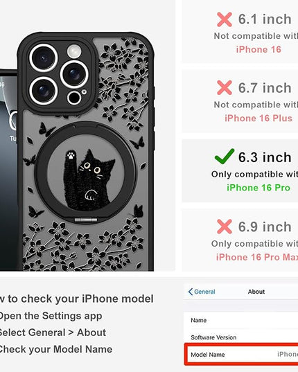 Cute Case for iPhone 16 Pro Case with Stand [ Compatible with MagSafe ] Kawaii Black Cat & Floral & Butterflies Pattern Design 360 Magnetic Ring Kickstand Phone Cover for Women Girls Boys