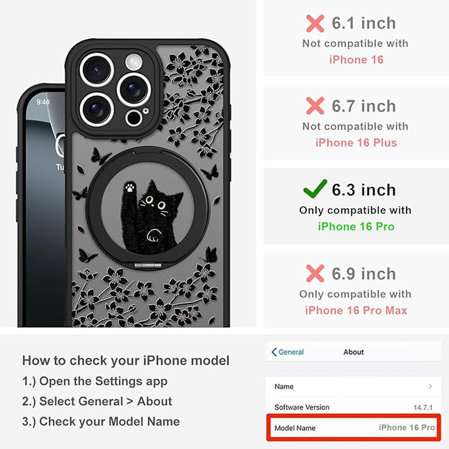 Cute Case for iPhone 16 Pro Case with Stand [ Compatible with MagSafe ] Kawaii Black Cat & Floral & Butterflies Pattern Design 360 Magnetic Ring Kickstand Phone Cover for Women Girls Boys