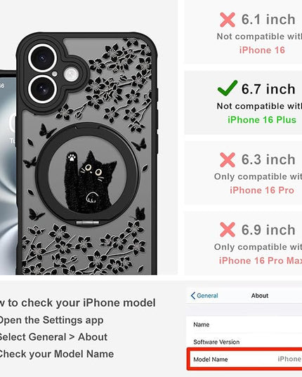 Cute Case for iPhone 16 Plus Case with Stand [ Compatible with MagSafe ] Kawaii Black Cat & Floral & Butterflies Pattern Design 360 Magnetic Ring Kickstand Phone Cover for Women Girls Boys