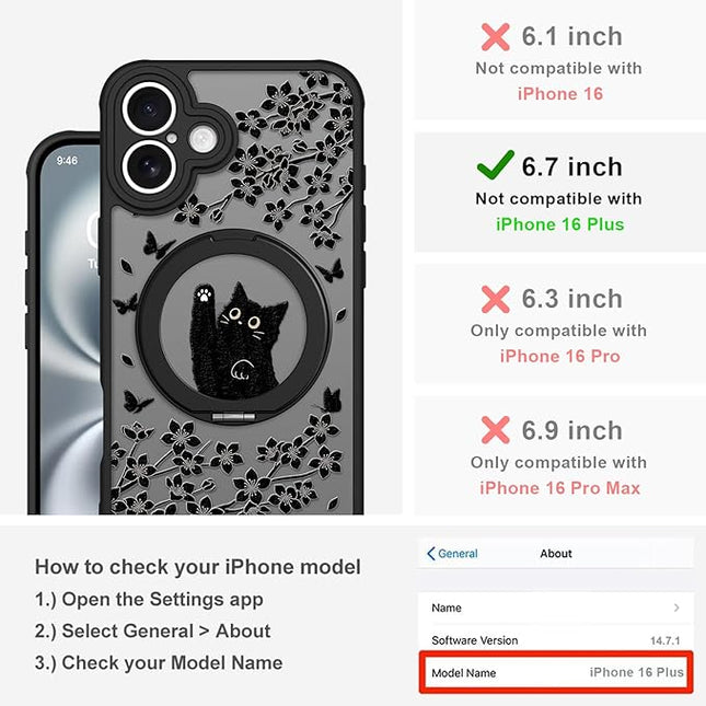 Cute Case for iPhone 16 Plus Case with Stand [ Compatible with MagSafe ] Kawaii Black Cat & Floral & Butterflies Pattern Design 360 Magnetic Ring Kickstand Phone Cover for Women Girls Boys