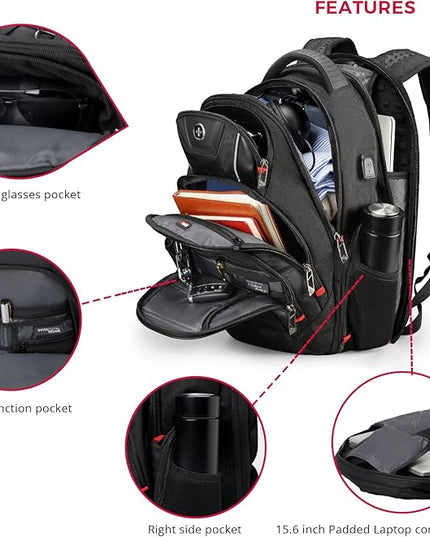 Swissdigital Design Travel Backpack for men, TSA Friendly USB Charging RFID Protection Business Backpack Fits 15.6" Laptops Black | J14-BR