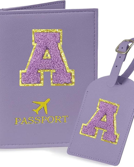 COSHAYSOO Initial Passport Cover Luggage Tag Set Letter Passport Holder Airplane Cruise Travel Essentials Vacation Traveling Accessories Personalized Gifts for Women Teen College Girls Purple A