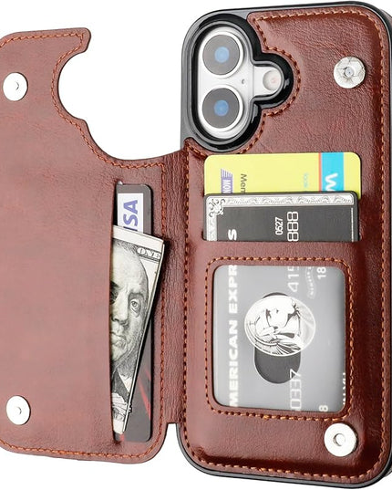 ONETOP Compatible with iPhone 17 Wallet Case with Card Holder, PU Leather Kickstand Card Slots Case, Double Magnetic Clasp and Durable Shockproof Cover 6.3 Inch (Brown)