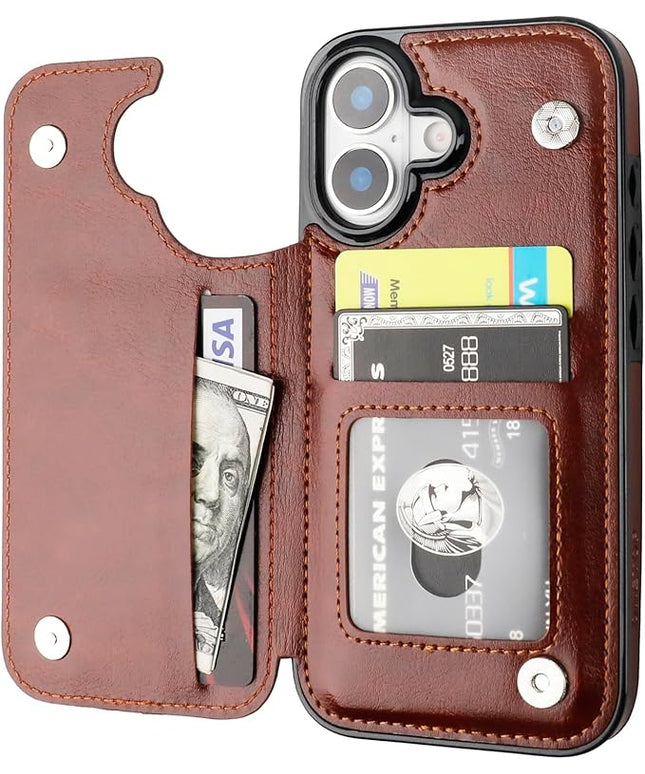 ONETOP Compatible with iPhone 17 Wallet Case with Card Holder, PU Leather Kickstand Card Slots Case, Double Magnetic Clasp and Durable Shockproof Cover 6.3 Inch (Brown)