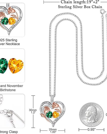 Iefil Christmas Gifts for Women Wife - 925 Sterling Silver Rose Heart Birthstone Necklace Birthday Anniversary Jewelry Gifts for Her Wife Mom Daughter