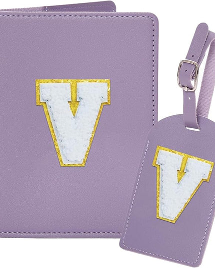 Initial Passport Cover Holder and Luggage tag Set,PU Leather Passport Case Travel Suitcase Tag with Letter Patch, Personalized Travel Luggage Accessories Gifts for Women Grils Teenage Purple Letter V