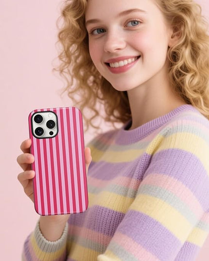 Magnetic for iPhone 16 Plus Case Cute Stripes Phone Case, Shockproof Slim TPU and Hard PC Protective Phone Cover Compatible with MagSafe Designed for Women Girls, Red and Pink