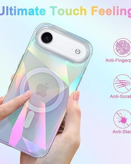 Cute Case for iPhone Air Case for Women Girls [ Compatible with Magsafe ] Clear Glitter Girly Aesthetic Rainbow Sparkly Bling Magnetic Phone Cover, Iridescent Geometry