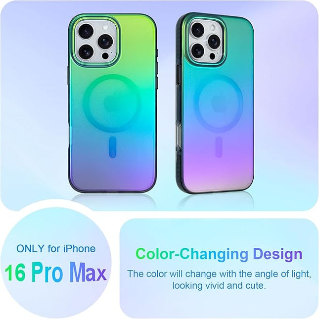 Aesthetic Case for iPhone 16 Pro Max Case for Women Girls [Compatible with Magsafe] Cute Girly Trendy Glitter Sparkly Rainbow Magnetic Protective Phone Cover, Matte Iridescent Blue & Green