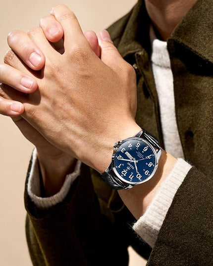 Men's Watches Leather Band Stainless Steel Quartz Analog Watch Luxury Waterproof Watches for Men Dress Men's Wrist Watch with Day Date Arabic Numeral Relojes para Hombre