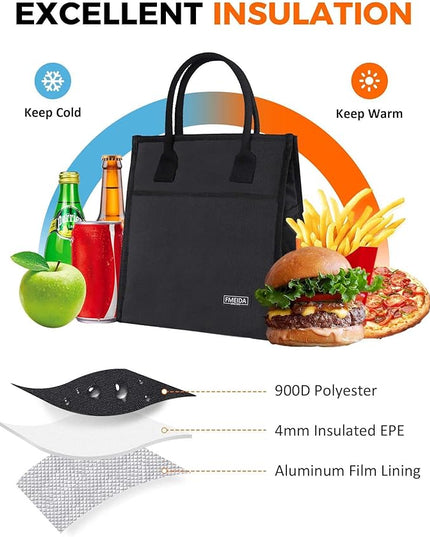 Fmeida Insulated Lunch Bag Women Men, 9L Large Lunch Bags with Multiple Pockets, Reusable Thermal Cooler Tote for Work, Office, Picnic, Travel | Hook and Loop Closure, Black