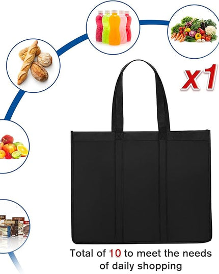 WISELIFE Reusable Grocery Shopping Bags 10 Pack Large Foldable Tote Bags Bulk, with Long Handle for Shopping Groceries Clothes (Black)