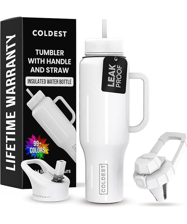 Coldest Tumbler with Handle and Straw, 100% Spill Proof Tumbler with Straw (3 Lids), Stainless Steel Insulated Leakproof Tumblers for Women & Men, Cup Holder Friendly, 46 oz (Snow Reflections)