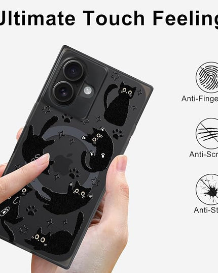 Cute Case for iPhone 16 Case for Women Girls Boys [Compatible with Magsafe] Kawaii Black Cats Cat Pattern Design, Aesthetic Girly Animal Rectangle Magnetic Protective Phone Cover