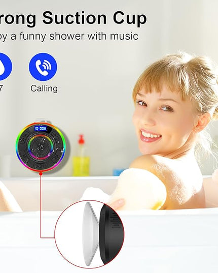 Shower Bluetooth Speaker IPX7 Waterproof, Portable Bluetooth Speakers with Suction Cup and Time Display, Crystal Sound&Bass LED Light 1100mAh, Wireless Shower Speaker for Outdoor/Kayak/ Gifts/Beach