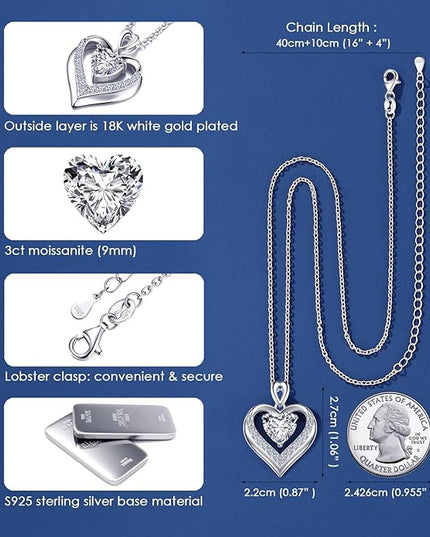 Beam & Bask 2-3 Ct Moissanite Double Heart Pendant Necklaces for Wife, 18K Gold Plated S925 Silver Jewelry for Women Girlfriend Mom Her on Anniversary Birthday