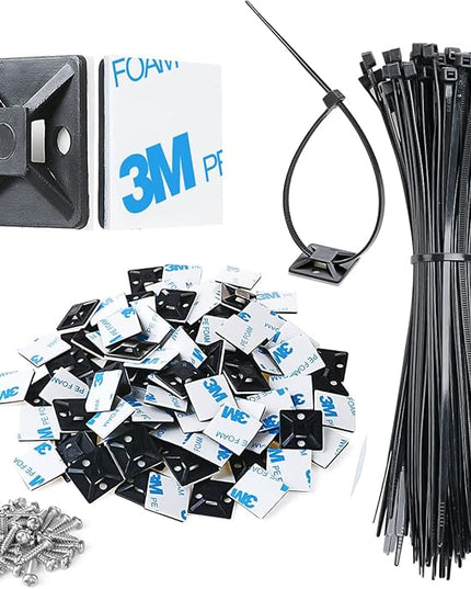 XHF 3/4" Strong Back-Glue Self Adhesive Black Cable Zip Tie Mounts 100pcs with 8" Zip Ties, Screws, UV Protection Outdoor Sticky Wire Fasteners Cable Clips Management Anchors Organizer Holders Squares