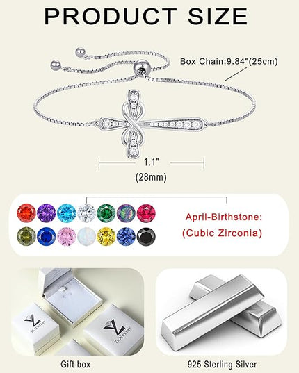 YL Cross Bracelet 925 Sterling Silver Infinity Sideways Link Bracelet Birthstone Jewelry for Women