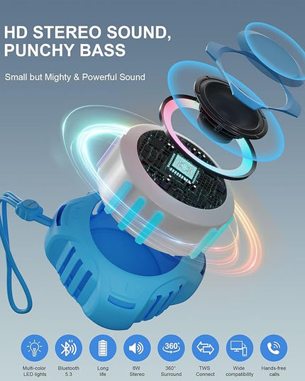comiso Shower Bluetooth Speaker, IP67 Waterproof Speaker with LED Light, Portable Speakers with True Wireless Stereo, Floating, 2000mAh, Built-in-Mic, Ideal for Travel, Beach, Gifts for Unisex.