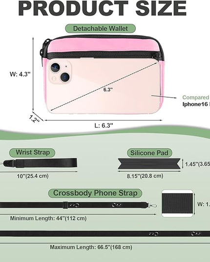 Clip and Go Strap for Phone with Wallet Crossbody, Adjustable Phone Lanyard with Detachable RFID Wristlet Wallet & Ultra-Thin 360° Rotatable Metal Tabs for All Smartphones (Pink)