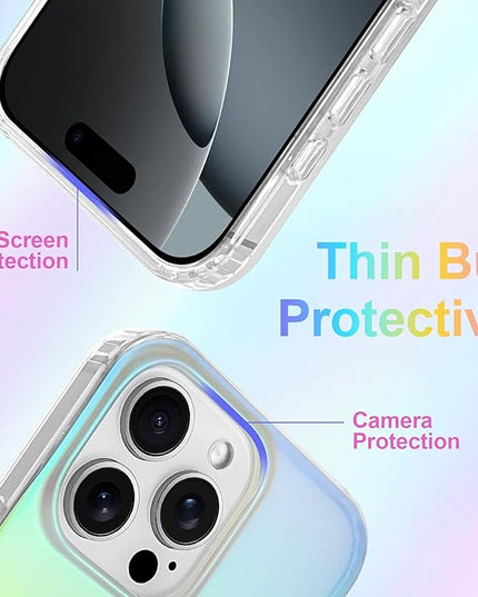 Cute Case for iPhone 16 Pro Case for Women Girls [Compatible with Magsafe] Aesthetic Girly Glitter Bling Rainbow Magnetic Protective Phone Cover, Translucent Iridescent Blue & Pink