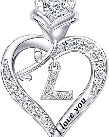 Rose Heart Pendant Necklace Gifts for Wife, Engraved 'I love you' Gift for Wife Girlfriend, Anniversary Birthday Eternity Jewelry Present for Women, Moissanite Necklace Gift for Her