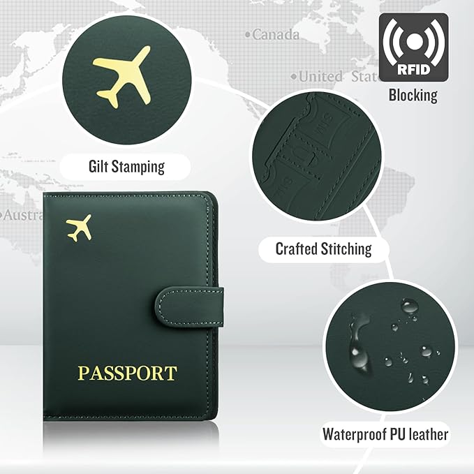 Passport Holder with Airtag Slot Cards Cash Air Ticket Pocket, Travle Gifts for Women Men RFID Blocking Wallet, Passport Book Cover Case Green