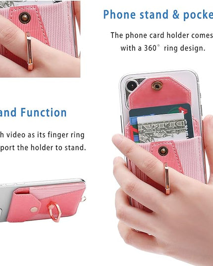 Cell Phone Card Holder,Card Holder for Back of Cell Phone with Ring Grip Stand,Adhesive Stick-on Credit Card Wallet Pocket with Detachable Neck Strap Pink