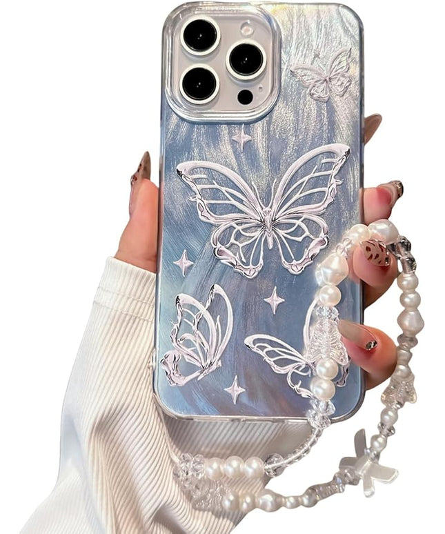for iPhone 14 Pro Max Case, [Glitter Butterfly Pattern Print][Stylish Design with Bracelet Wrist Strap] PC+TPU Shockproof and Anti-Drop Case for Women and Girls