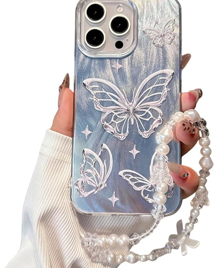 for iPhone 12 Pro Case, [Glitter Butterfly Pattern Print][Stylish Design with Bracelet Wrist Strap] PC+TPU Shockproof and Anti-Drop Case for Women and Girls