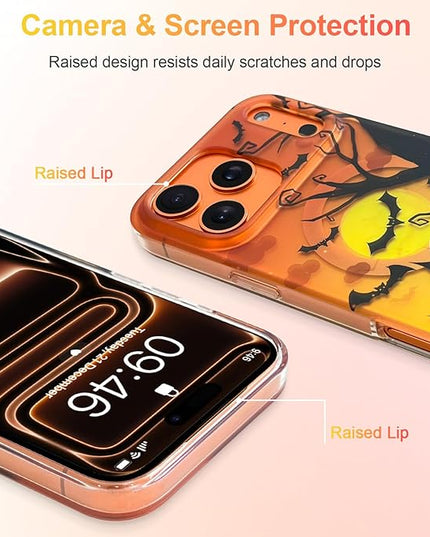 Halloween Case for iPhone 17 Pro Max Case [ Compatible with Magsafe ] Holographic Orange Sky with Black Castle, Bats, Ghosts, Pumpkins Pattern Design, Creative Magnetic Protective Phone Cover