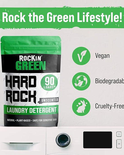 Rockin' Green Hard Rock Laundry Detergent for Hard Water (90 Loads), Plant based, Natural Laundry Detergent Powder, Biodegradable Odor Fighter, Safe for Sensitive Skin, 45 oz (Unscented)