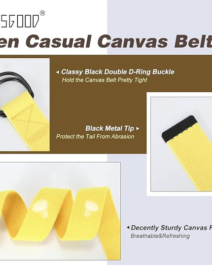 JASGOOD Men Canvas Belt Web Fabric Casual Belt with Black Double D-ring 1 1/2" Wide Set of 2
