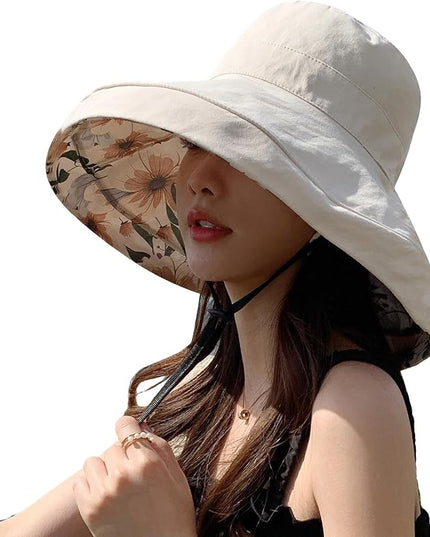 HUAMULAN Women Summer Sun Hat Wide Brim Wired Edge Floral Beach Bucket Hats Reversible Foldable Travel UV Protection Lady Hat