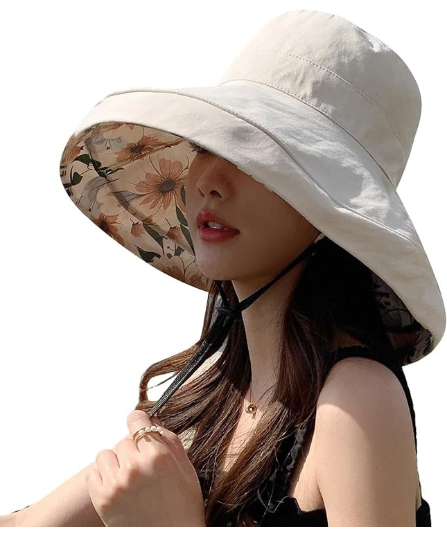 HUAMULAN Women Summer Sun Hat Wide Brim Wired Edge Floral Beach Bucket Hats Reversible Foldable Travel UV Protection Lady Hat