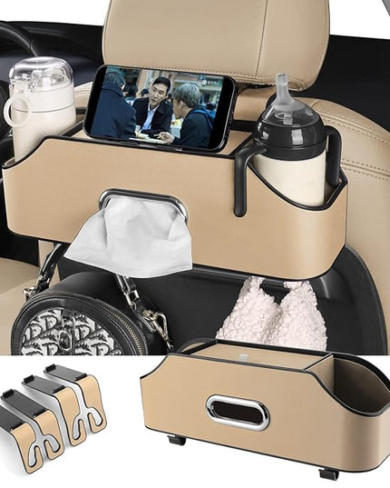HOLDCY Car Back Seat Organizer with 2 Drink Cup Holder - Tissue Box and Storage Box Hook - Multi-functional Storage - Great for Kids and Travel (Beige)