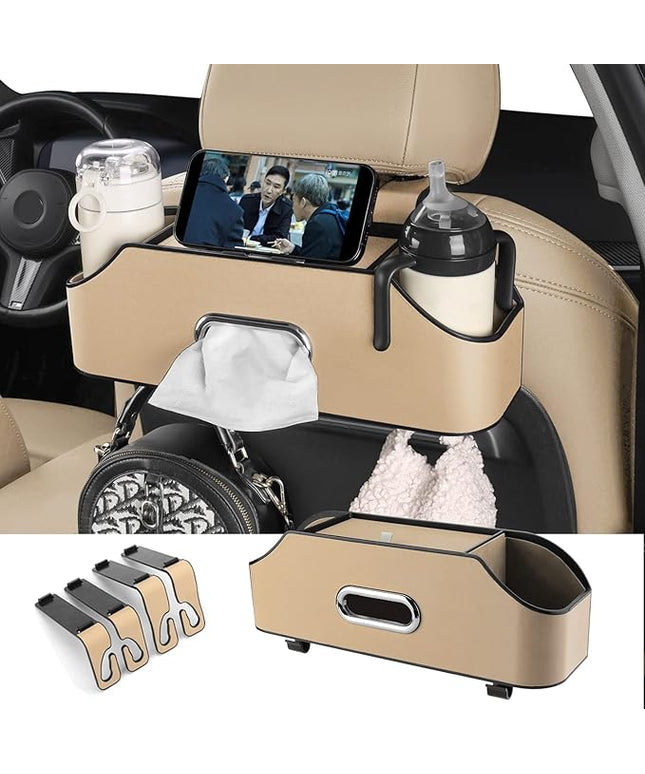 HOLDCY Car Back Seat Organizer with 2 Drink Cup Holder - Tissue Box and Storage Box Hook - Multi-functional Storage - Great for Kids and Travel (Beige)
